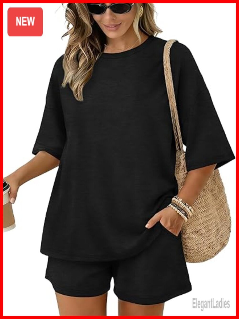 3/4 Sleeve Oversized Lounge Set with Drawstring Shorts